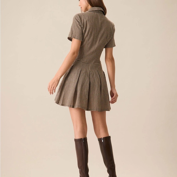 Brown Plaid Lapel Pleated Mini Dress - Picture 4 of 5